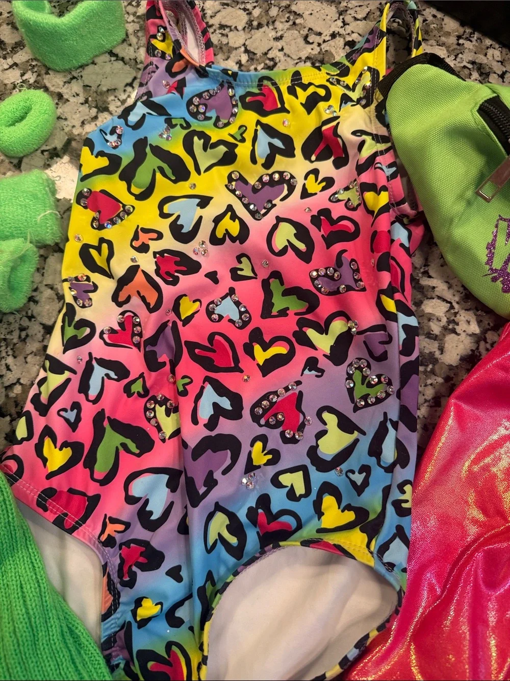 Neon Heart Print Leotard with Pink Metallic Shorts
